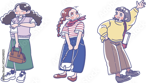 お出かけスタイルの3人の女の子のイラスト