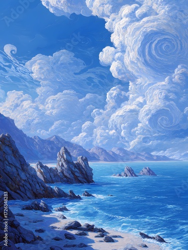 Scenic Coastline with Dramatic Sky, Blue Ocean, Rocky Cliffs