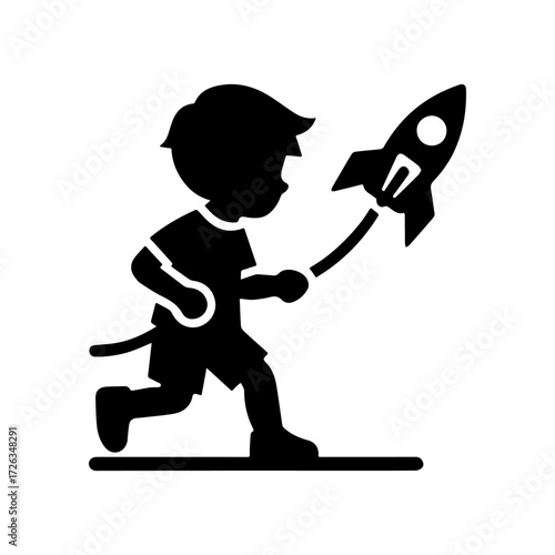 Modern Minimalist Boy Playing with a Rocket Icon, Flat Silhouette of a Child with Space Toy Vector for Kids Illustration Design
