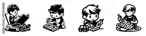 Modern Minimalist Boy Coloring Pictures Icon, Flat Silhouette of a Child with Art Activity Vector for Creative Illustration Design