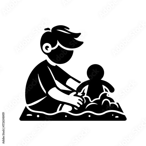 Modern Minimalist Boy Playing with a Doll Icon, Flat Silhouette of a Child with Toy Figure Vector for Kids Illustration Design