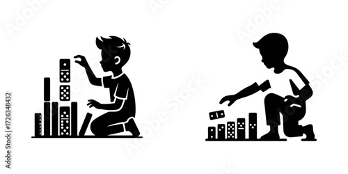 Modern Minimalist Boy Playing with Dominoes Icon, Flat Silhouette of a Child Arranging Tiles Vector for Kids Illustration Design