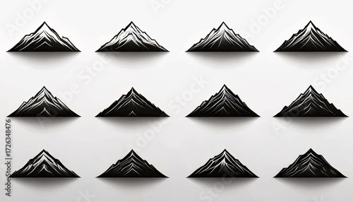 Twelve stylized, monochrome mountain illustrations arranged in a grid pattern on a white background.