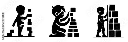 Modern Minimalist Boy Playing with Toy Blocks Icon, Flat Silhouette of a Child Arranging Shapes Vector for Kids Illustration Design