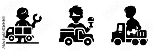 Modern Minimalist Boy Holding Toy Truck Icon, Flat Silhouette of a Child with Half Body View Vector for Kids Illustration Design