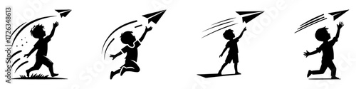 Modern Minimalist Boy Throwing Paper Airplane Icon, Flat Silhouette of a Child with Half Body View Running Vector for Kids Illustration Design