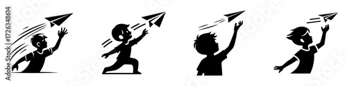 Modern Minimalist Boy Throwing Paper Airplane Icon, Flat Silhouette of a Child with Half Body View Vector for Kids Illustration Design