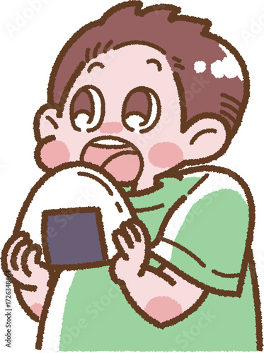 大きく口を開けておにぎりを食べようとしている男の子のイラスト