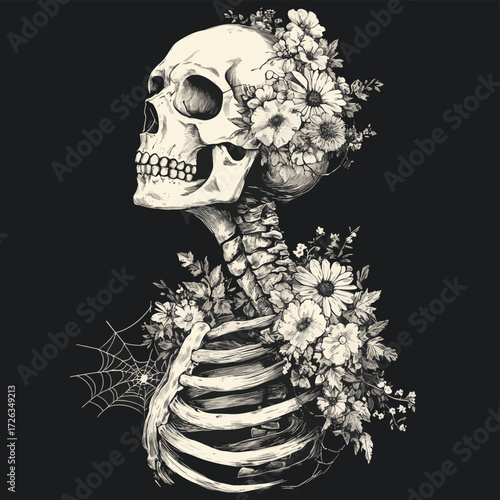 A monochrome depiction of a skeleton adorned with floral arrangements on its cranium and an arachnid web draped over its dorsal region , vector style simple color