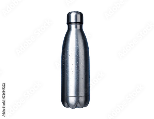 Top-Down Perspective of Stainless Steel Water Bottle with Water Splash, isolated on transparent background PNG