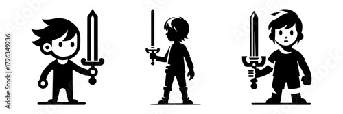 Modern Minimalist Boy Holding Toy Sword Icon, Flat Silhouette of a Child with Half Body View Vector for Kids Illustration Design