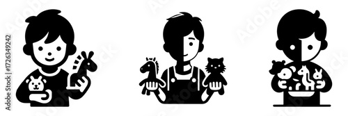 Modern Minimalist Boy Holding Toy Animals Icon, Flat Silhouette of a Child with Half Body View Vector for Kids Illustration Design