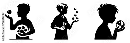 Modern Minimalist Boy Holding Marbles Icon, Flat Silhouette of a Child with Half Body View Vector for Kids Illustration Design