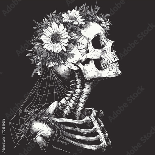 A monochrome depiction of a skeleton adorned with floral arrangements on its cranium and an arachnid web draped over its dorsal region , vector style simple color