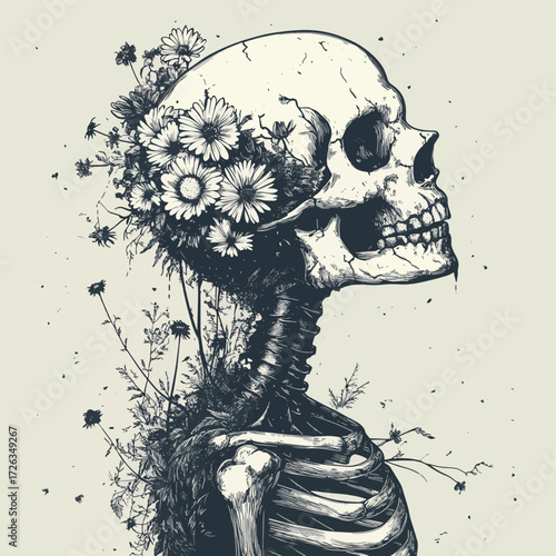 A monochrome depiction of a skeleton adorned with floral arrangements on its cranium and an arachnid web draped over its dorsal region , vector style simple color