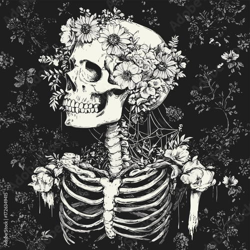 A monochrome depiction of a skeleton adorned with floral arrangements on its cranium and an arachnid web draped over its dorsal region , vector style simple color