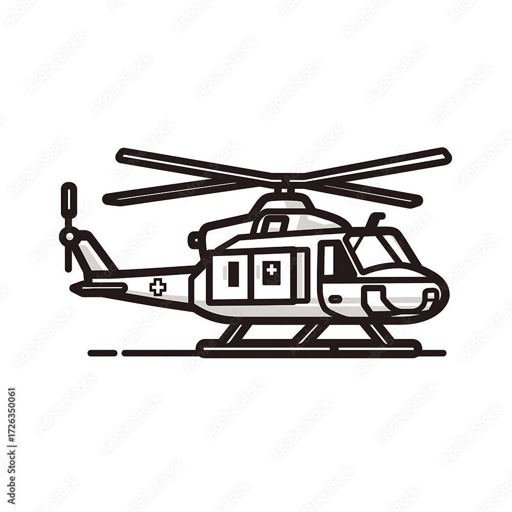Naklejka premium Helicopter Line Art: Military and Emergency Air Transport Vector Illustration Featuring Rotorcraft with Medical and Rescue Capabilities for Air Ambulance and Military Operations