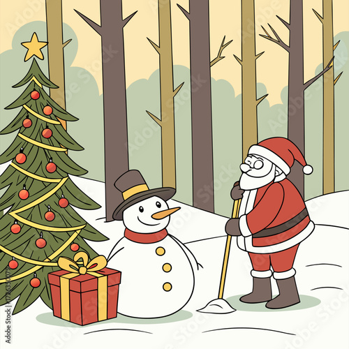 santa claus and snowman on sledge