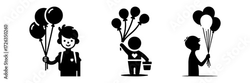 Modern Minimalist Boy Holding Balloons Icon, Flat Silhouette of a Child with Half Body View Vector for Kids Illustration Design