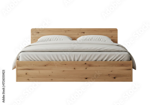 Elegant wooden bed with white linens isolated on transparent background