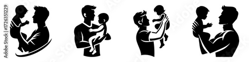 Modern Minimalist Men Lifting Baby Icon, Flat Silhouette of a Parenthood Vector for Family Illustration Design