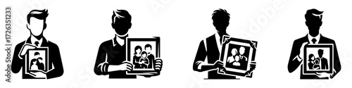 Modern Minimalist Man Holding Family Photo Frame Icon, Flat Silhouette of a Parenthood Vector for Family Illustration Design