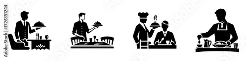 Modern Minimalist Man Serving Food At Table Icon, Flat Silhouette of a Home Vector for Dining Illustration Design