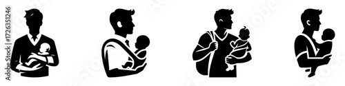 Modern Minimalist Man Lifting Child In Arms Icon, Flat Silhouette of a Parenthood Vector for Family Illustration Design