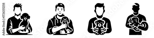 Modern Minimalist Man Holding Family Pet Icon, Flat Silhouette of a Parenthood Vector for Family Illustration Design