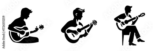 Modern Minimalist Man Playing Guitar Icon, Flat Silhouette of a Musician Vector for Musical Illustration Design