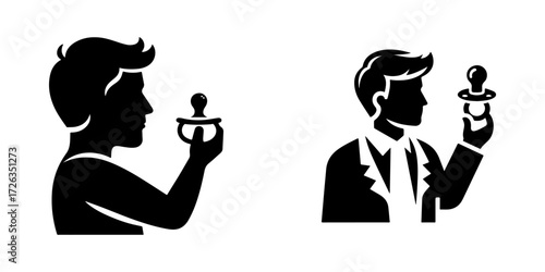 Modern Minimalist Man Holding Baby Pacifier Icon, Flat Silhouette of a Parenthood Vector for Family Illustration Design