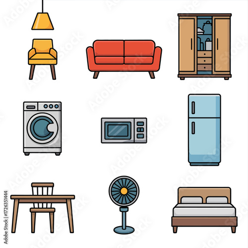 Scalable vector illustration of common household furniture and appliances set vector