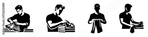 Modern Minimalist Man Folding Clothes Icon, Flat Silhouette of a Parenthood Vector for Home Illustration Design