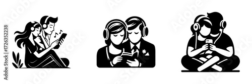 Modern Minimalist Men Listening to Music With Wife Icon, Flat Silhouette of a Couple Enjoying Audio Vector for Lifestyle Illustration Design