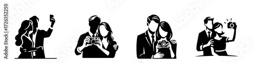 Modern Minimalist Men Taking Photo With Wife Icon, Flat Silhouette of a Couple Capturing Moment Vector for Romantic Illustration Design