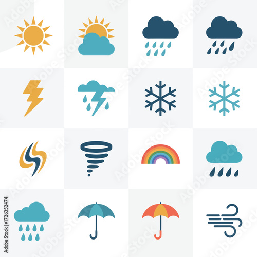 Vector weather icons set sun cloud rain snow lightning tornado rainbow umbrella wind elements scalable eps vector