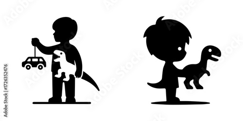Modern Minimalist Boy Holding Toy Dinosaur Icon, Flat Silhouette of a Half Body Child Vector for Playtime Illustration Design
