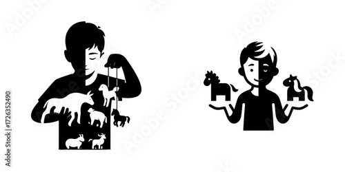 Modern Minimalist Boy Holding Toy Animals Icon, Flat Silhouette of a Half Body Child Vector for Playtime Illustration Design