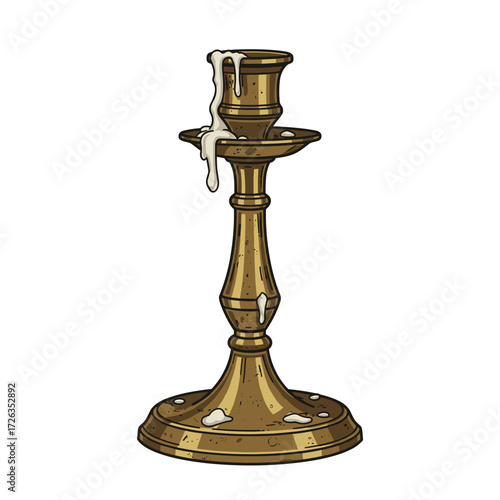 Antique brass candle holder with wax trails, romantic and old-world, flat vector illustration on white background