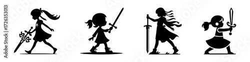 Modern Minimalist Girl Playing with a Toy Sword Icon, Flat Silhouette of a Childhood Adventure Vector for Fun Activity Illustration Design