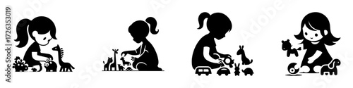 Modern Minimalist Girl Playing with Toy Animals Icon, Flat Silhouette of a Childhood Playtime Vector for Fun Activity Illustration Design