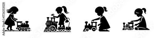 Modern Minimalist Girl Playing with a Toy Train Icon, Flat Silhouette of a Childhood Playtime Vector for Fun Activity Illustration Design