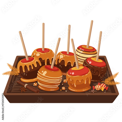Caramel dipped apples with sticks on rustic tray, flat vector, seasonal sweet treats, white background