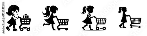 Modern Minimalist Girl Playing with Toy Shopping Cart Icon, Flat Silhouette of a Childhood Fun Vector for Market Illustration Design
