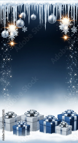 Magical winter holiday scene with festive presents under a border of glittering icicles and ornaments on a dark blue backdrop
