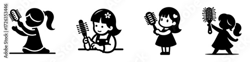 Modern Minimalist Girl Playing with Toy Hair Brush Icon, Flat Silhouette of a Childhood Fun Vector for Styling Illustration Design