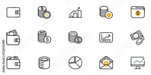 Financial icons set, coins, wallets, and charts illustrate business, finance, and investment