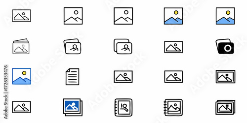 Collection of simple icons representing photographs, albums, and documents for visual content organization