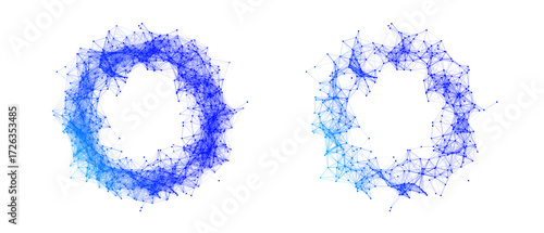 Set of blue ring frames created from a chaotic grid of particles, dots, and lines. Circular weave of geometric shapes, PNG format, perfect for logos, advertising, promotions, presentations, and tech 
