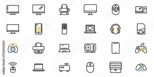 Modern technology icons for digital devices, gadgets, and computer peripherals, offering sleek and versatile design elements.